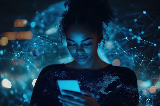 Biracial woman engages with technology against a glowing globe and connected network, network of connections and globe over biracial woman using smartphone
