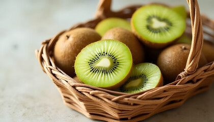  Kiwi on a wooden surface: Image of several kiwis neatly arranged on a rustic wooden surface, with soft lighting. 
