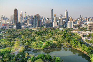 Awesome aerial view of Lumphini Park and Bangkok city, Thailand