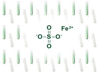 Ferrous Sulfate in test tube with chemical structure, a medicine used to treat and prevent iron deficiency anaemia.