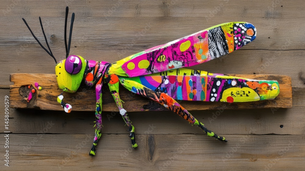Aufkleber grasshopper showing vibrant patterned wings while resting on natural wooden board
