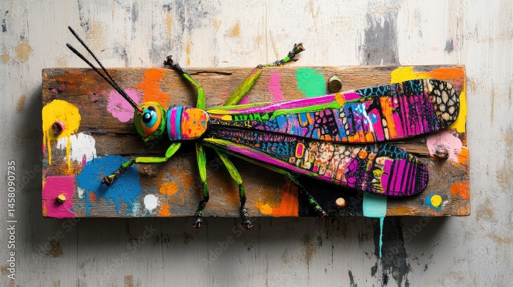 Poster grasshopper showing vibrant patterned wings while resting on natural wooden board