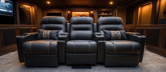 Theater Seating Recliners with Cup Holders in Dark Room