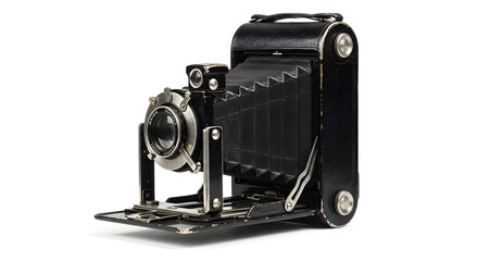 Antique Folding Bellows Camera in Black and Silver Isolated on White Background Displaying Vintage Photography Equipment