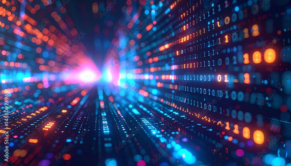 Poster a vibrant digital landscape with binary code, glowing lights, and a futuristic data stream effect.