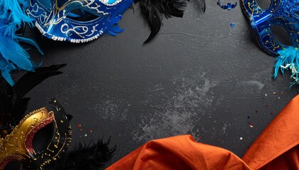 A luxurious and mysterious night masquerade concept unfolds with rich visual drama and elegance, framing an empty central space ideal for text or invitation details.