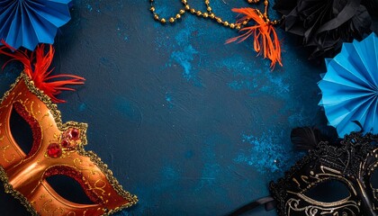 A luxurious and mysterious night masquerade concept unfolds with rich visual drama and elegance, framing an empty central space ideal for text or invitation details.