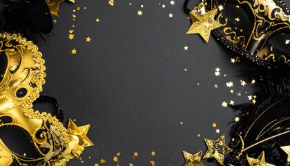 A luxurious and mysterious night masquerade concept unfolds with rich visual drama and elegance, framing an empty central space ideal for text or invitation details.