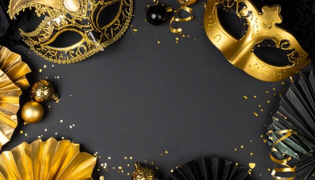 A luxurious and mysterious night masquerade concept unfolds with rich visual drama and elegance, framing an empty central space ideal for text or invitation details.