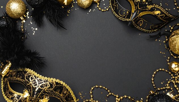 A luxurious and mysterious night masquerade concept unfolds with rich visual drama and elegance, framing an empty central space ideal for text or invitation details.