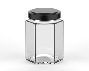 Empty transparent glass jar mockup. Clear kitchenware package canister template. 3D illustration