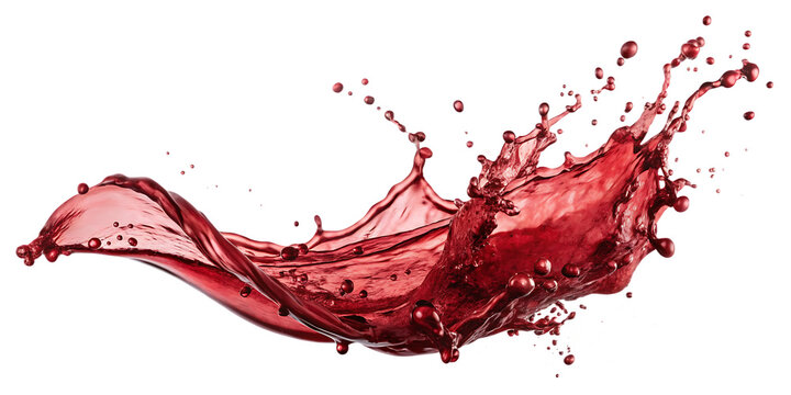 Red splashes in the air. Liquid looks like juice, red wine or blood on an isolated white background