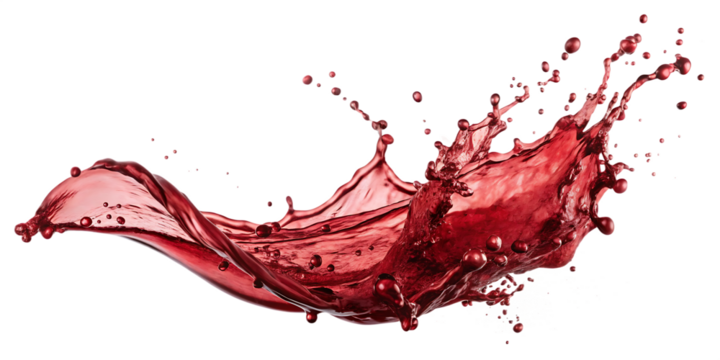 Red splashes in the air. Liquid looks like juice, red wine or blood on an isolated white background