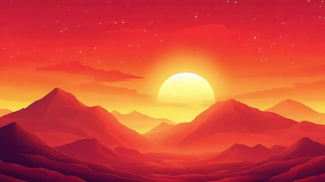 Dramatic sunset over mountain range landscape digital art