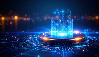 A glowing digital platform with futuristic blue and orange lights, representing advanced technology and data visualization.