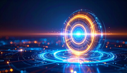 Fototapeta premium A glowing digital portal with concentric neon circles and futuristic tech elements, set against a dark and dynamic background.