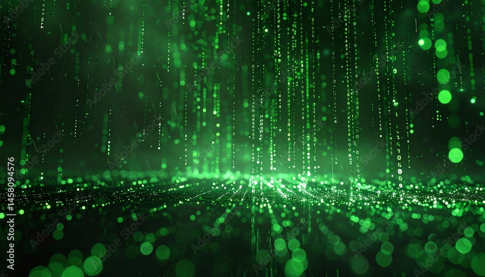 Poster a digital green matrix of glowing code streams vertically with bokeh effects, creating a futuristic,