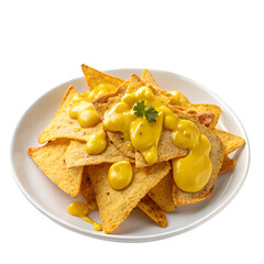 Nachos with musterd sauce on white plate isolated on white background