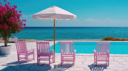 Pink summer vacation with pastel umbrella and swimming pool concept. Relaxing poolside scene with pink chairs and ocean view.