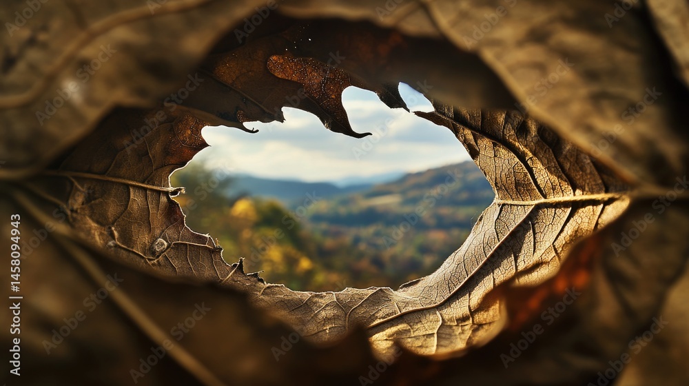 Aufkleber leafy lens: dried leaf used as frame to showcase scenic wilderness view