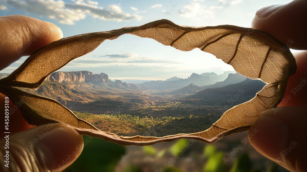 Poster leafy lens: dried leaf used as frame to showcase scenic wilderness view