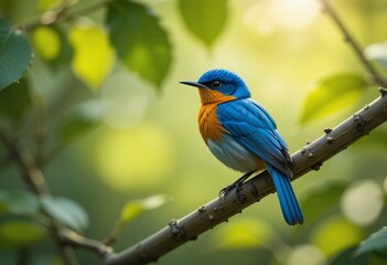 Obraz premium Vibrant kingfisher perched on a branch with azure feathers and orange breast in a sunlit forest. 