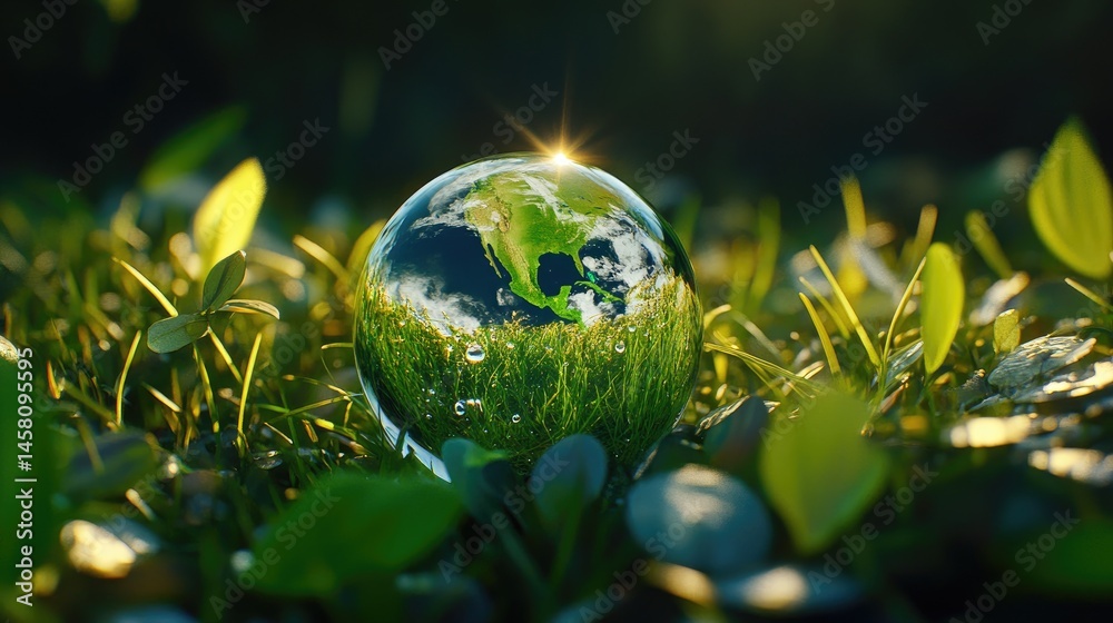 Poster macro of a glistening droplet shaped like earth over grass, showing connection between nature and pl