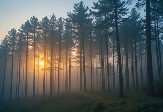Misty forest at sunrise with tall pine trees and golden sunlight filtering through the fog.

