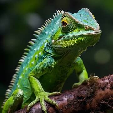 Green Plumed Basilisk Lizard Basiliscus plumifrons Unique Jungle Creature.