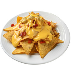 Nachos with musterd sauce on white plate isolated on white background