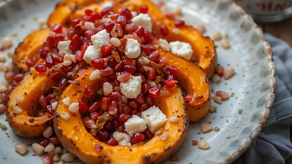 A serving of roasted butternut squash with caramelized edges, topped with pomegranate seeds and goat cheese, on a white ceramic plate, soft natural light