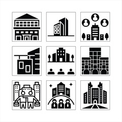 Fototapeta premium Solid Black Business And Corporate Icon Set Displaying Building Types And Leadership Representation