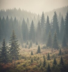 Retro-styled photo of a misty fir forest, vintage filter applied,  atmosphere,  calm,  pine