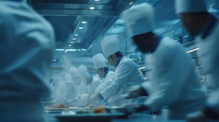 Professional chefs collaborating in modern commercial kitchen
