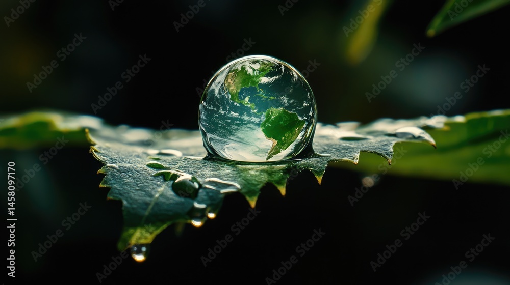 Poster Nature background with Earth in a single dew drop on leaf edge, symbolizing global fragility