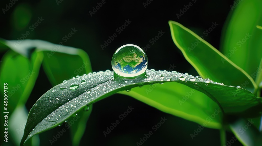 Poster Nature background with Earth in a single dew drop on leaf edge, symbolizing global fragility