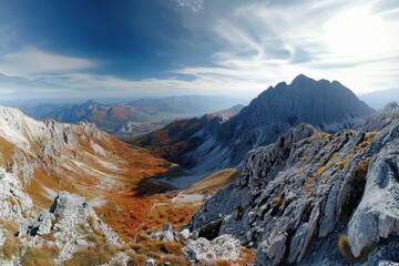 Stunning panoramic autumn view of mountains with vibrant foliage and clear skies, Very beautiful panoramic mountain autumn view