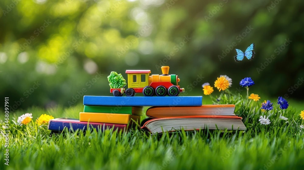 Poster playful train toy centered on colorful books with a vibrant green field in background