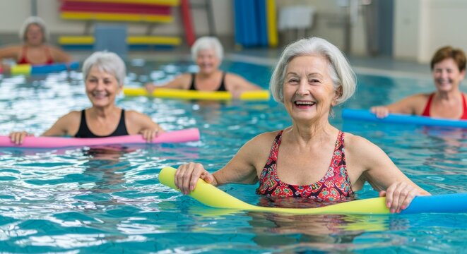 Active senior women participating in aqua aerobics class for maintaining health