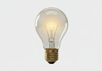 Illuminated light bulb with filament on white background shows concept of idea and inspiration