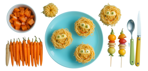 Bright and happy mealtime: smiling noodle muffins with cheese mouths and pea eyes, neat rows of carrots, and skewered fruit, with fun sandwich cutter tools nearby.