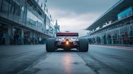 Formula 1 Car on Pit Lane Surrounded by Crowd and Team Members Under Cloudy Sky with Rear Light and High-Speed Racing Atmosphere