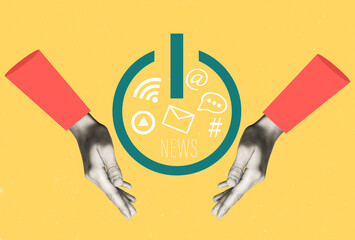 Digital detox concept. Hands around green smartphone shutdown button on yellow background. No social media. Smartphone break.