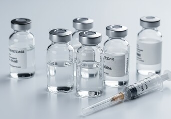 Medical vials and syringe with clear liquid on a white surface, close-up
