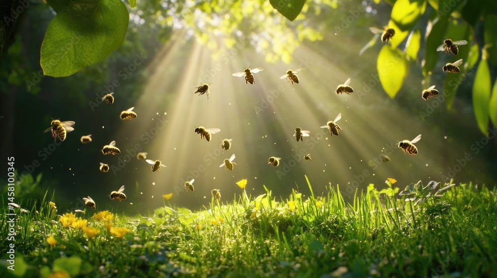 Poster sunlight filtering through bees in motion above grass and leaves