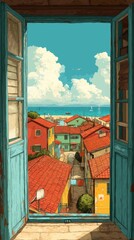 A sunlit view through a blue window reveals colorful houses with red roofs and a distant sea under a vibrant sky.