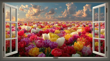 A scenic view of a vibrant tulip field seen through an open window under a dramatic sky with clouds.