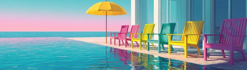 Fototapeta premium Pink summer vacation with pastel umbrella and swimming pool concept. Bright and colorful poolside chairs with a sunny umbrella.
