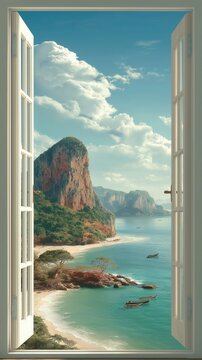 Fototapeta A scenic ocean view with cliffs, beach, and boats is seen through an open window under a blue sky with clouds.
