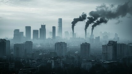 Fototapeta premium Urban skyline shrouded in smog with industrial pollution emitting from chimneys at dusk